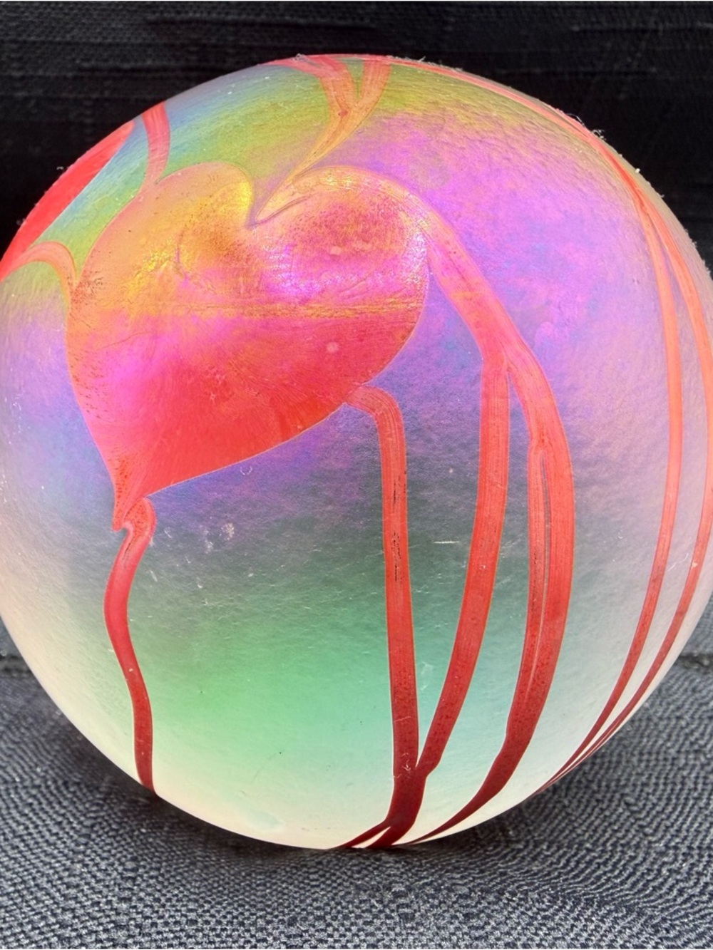 Iridescent Glass Art Sphere with Red Heart Accent